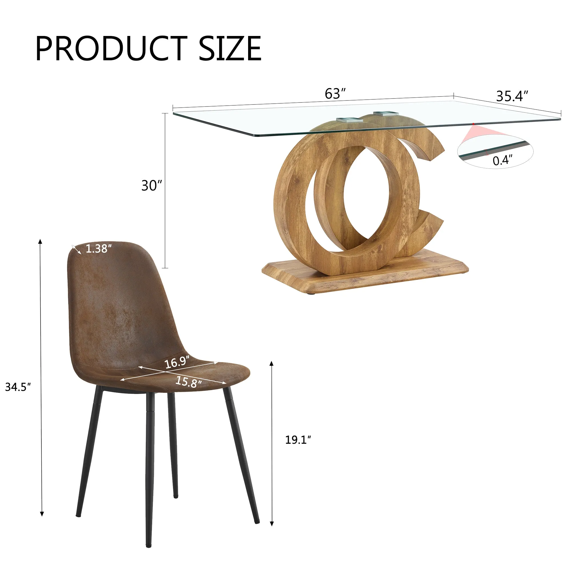 5-Piece Dining Set: 63" Rectangular Glass Table with Wood Color MDF Base, 4 Brown Fabric Chairs