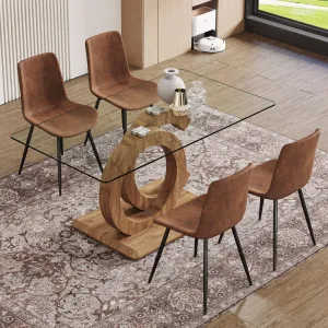 5-Piece Dining Set: 63" Rectangular Glass Table with Wood Color MDF Base, 4 Brown Fabric Chairs