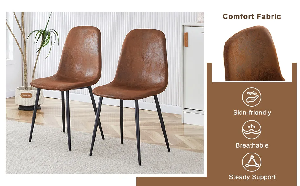 5-Piece Dining Set: 63" Rectangular Glass Table with Wood Color MDF Base, 4 Brown Fabric Chairs