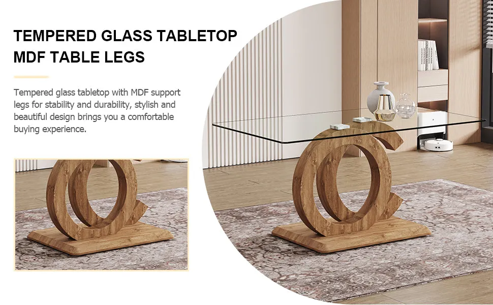 5-Piece Dining Set: 63" Rectangular Glass Table with Wood Color MDF Base, 4 Brown Fabric Chairs