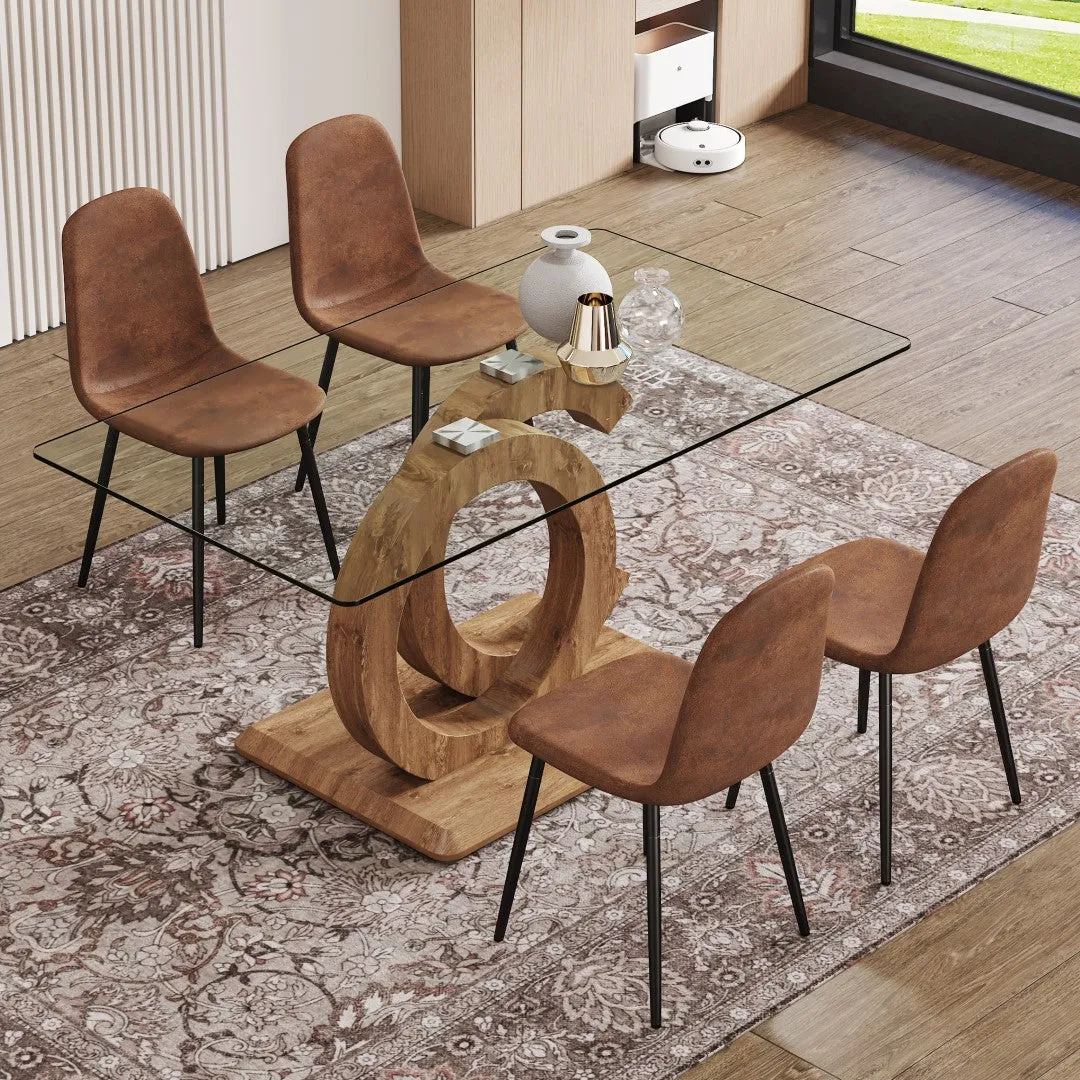 5-Piece Dining Set: 63" Rectangular Glass Table with Wood Color MDF Base, 4 Brown Fabric Chairs