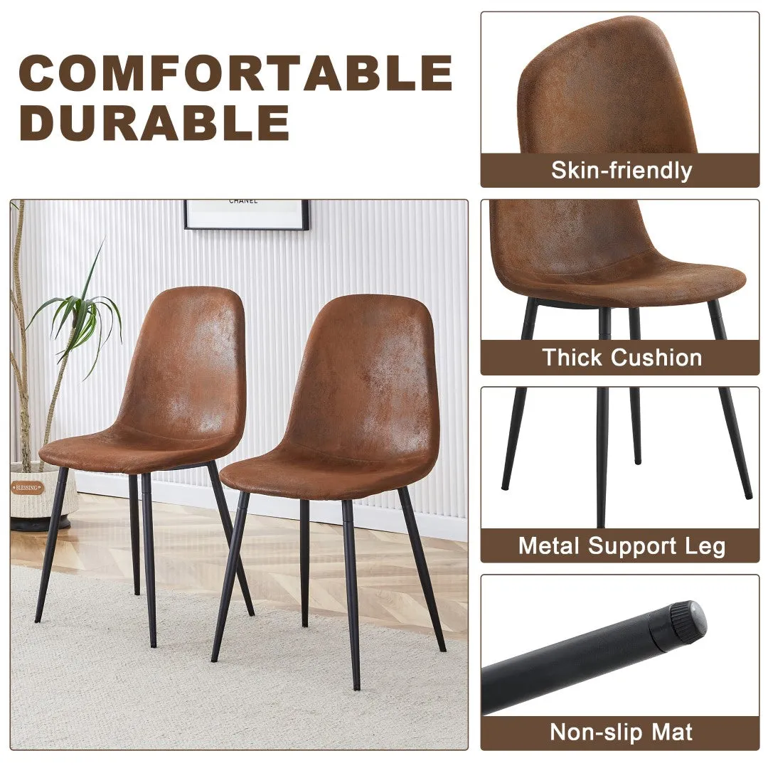 5-Piece Dining Set: 63" Rectangular Glass Table with Wood Color MDF Base, 4 Brown Fabric Chairs