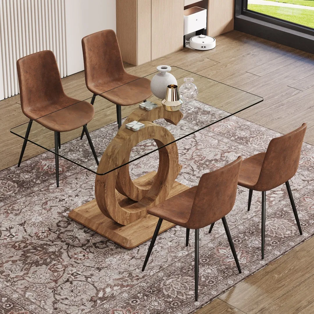 5-Piece Dining Set: 63" Rectangular Glass Table with Wood Color MDF Base, 4 Brown Fabric Chairs
