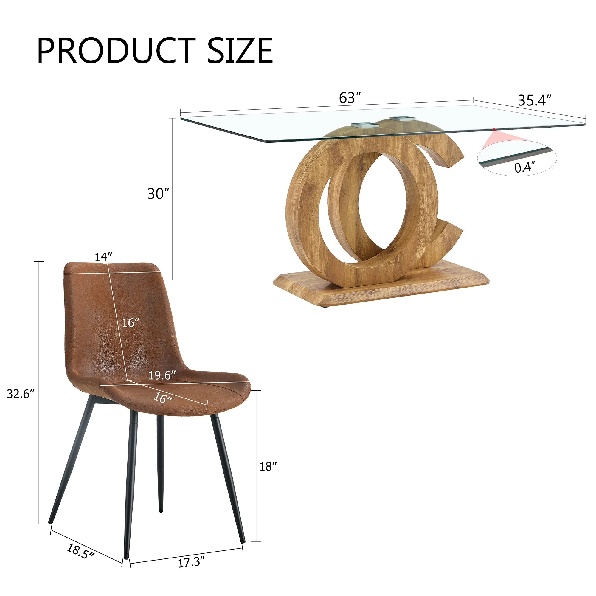 5-Piece Dining Set: 63" Rectangular Glass Table with Wood Color MDF Base, 4 Brown Fabric Chairs