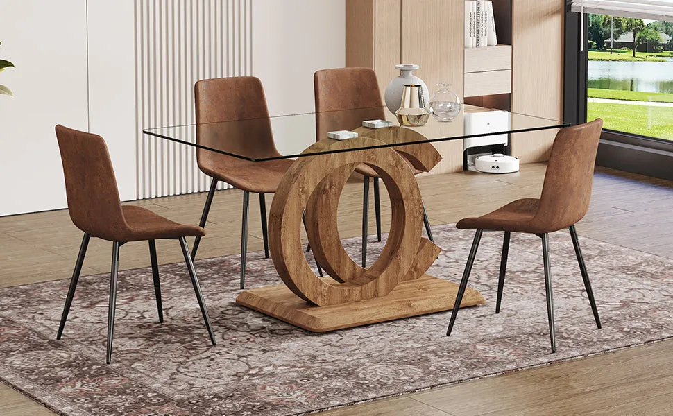 5-Piece Dining Set: 63" Rectangular Glass Table with Wood Color MDF Base, 4 Brown Fabric Chairs