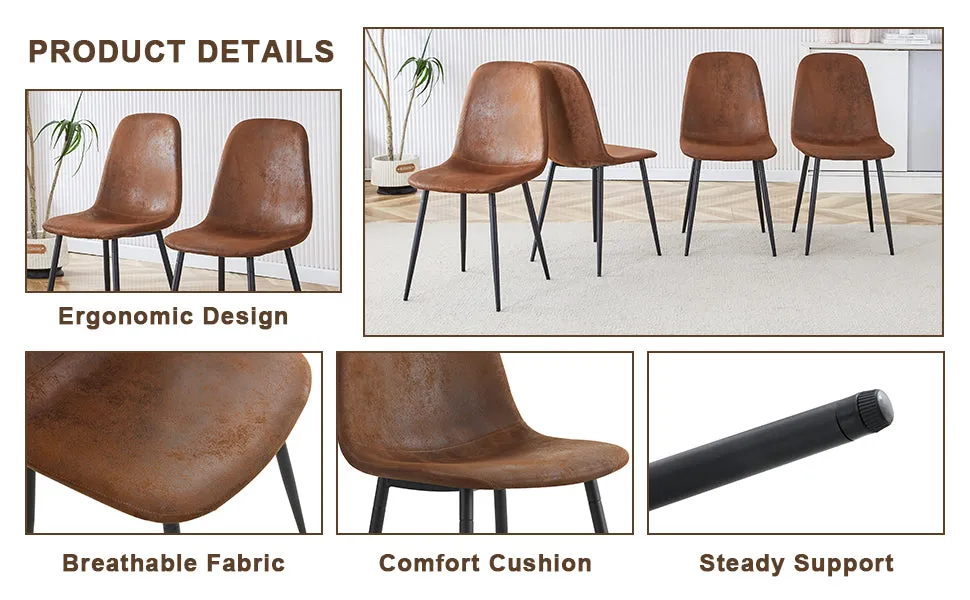 5-Piece Dining Set: 63" Rectangular Glass Table with Wood Color MDF Base, 4 Brown Fabric Chairs