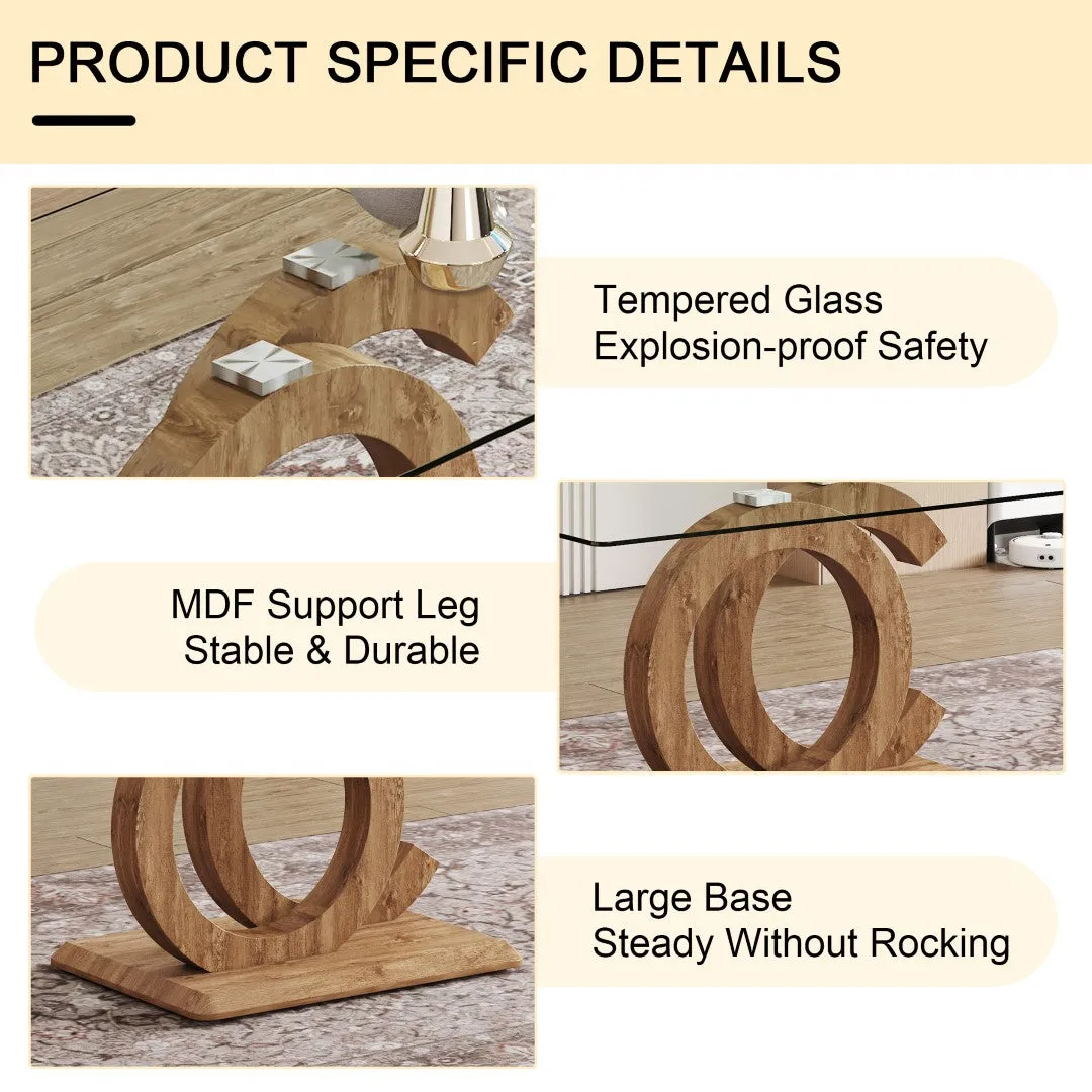 5-Piece Dining Set: 63" Rectangular Glass Table with Wood Color MDF Base, 4 Brown Fabric Chairs