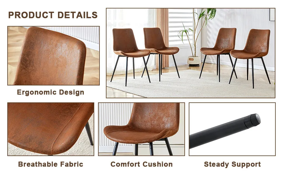 5-Piece Dining Set: 63" Rectangular Glass Table with Wood Color MDF Base, 4 Brown Fabric Chairs