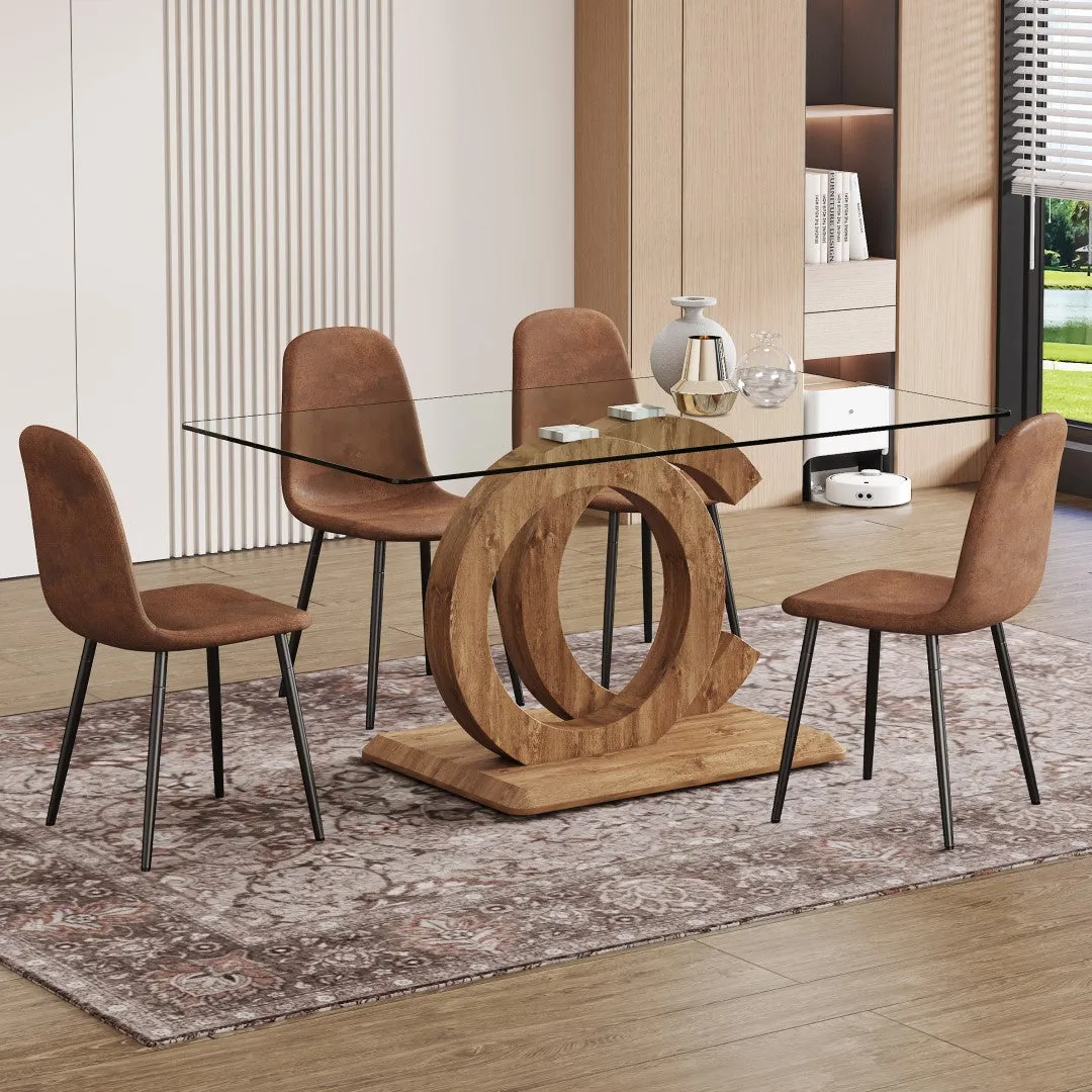 5-Piece Dining Set: 63" Rectangular Glass Table with Wood Color MDF Base, 4 Brown Fabric Chairs