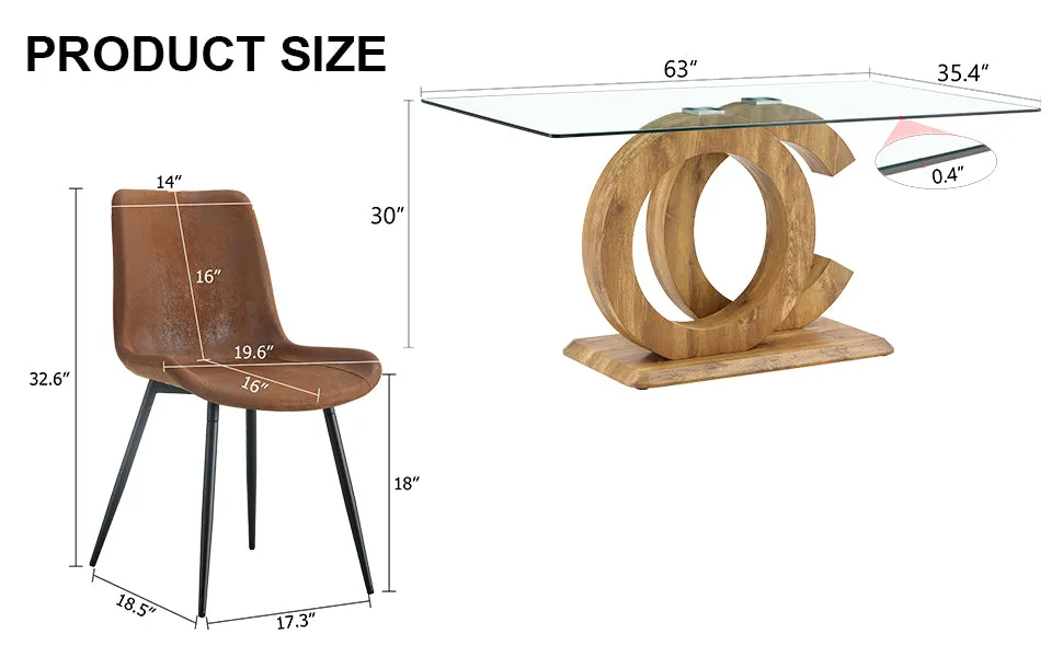 5-Piece Dining Set: 63" Rectangular Glass Table with Wood Color MDF Base, 4 Brown Fabric Chairs