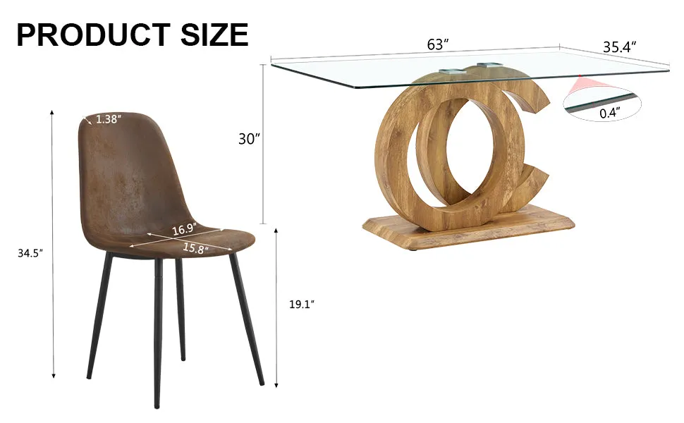 5-Piece Dining Set: 63" Rectangular Glass Table with Wood Color MDF Base, 4 Brown Fabric Chairs