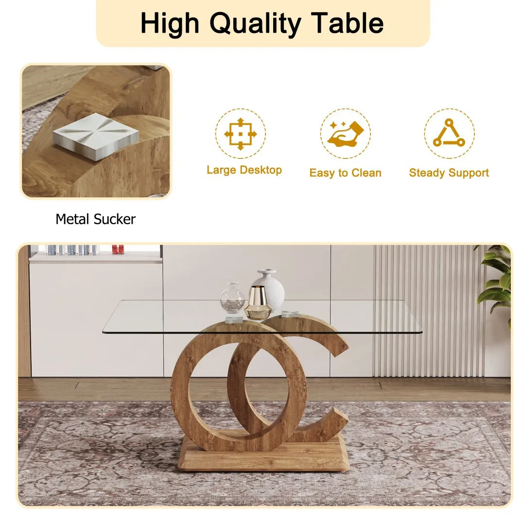 5-Piece Dining Set: 63" Rectangular Glass Table with Wood Color MDF Base, 4 Brown Fabric Chairs