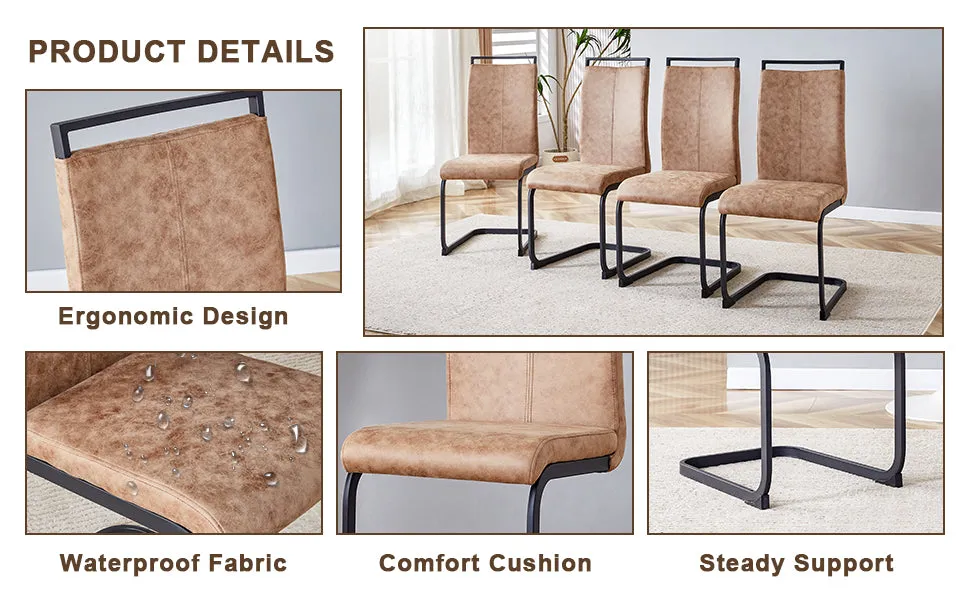 5-Piece Dining Set: 63" Transparent Glass Table with Wood Color MDF Bracket, 4 Brown Fabric Chairs