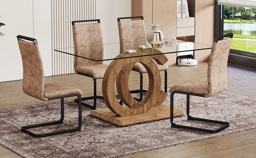 5-Piece Dining Set: 63" Transparent Glass Table with Wood Color MDF Bracket, 4 Brown Fabric Chairs