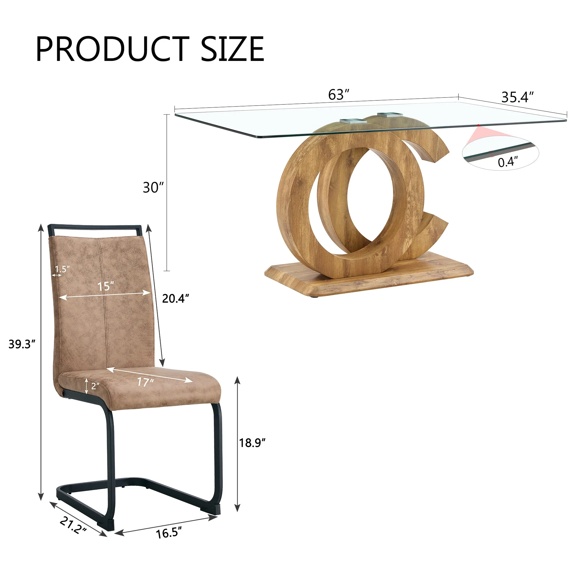 5-Piece Dining Set: 63" Transparent Glass Table with Wood Color MDF Bracket, 4 Brown Fabric Chairs