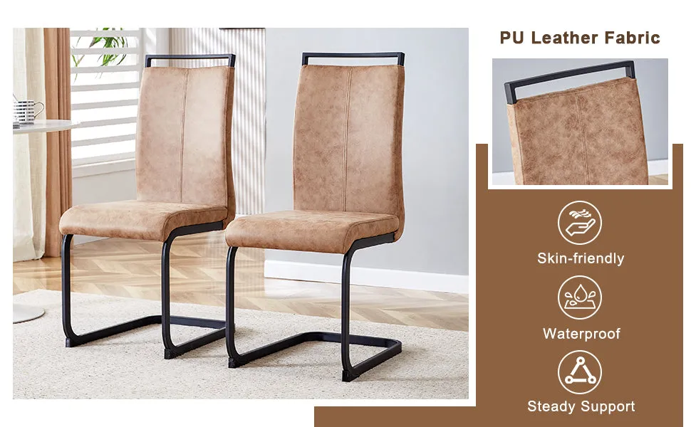 5-Piece Dining Set: 63" Transparent Glass Table with Wood Color MDF Bracket, 4 Brown Fabric Chairs