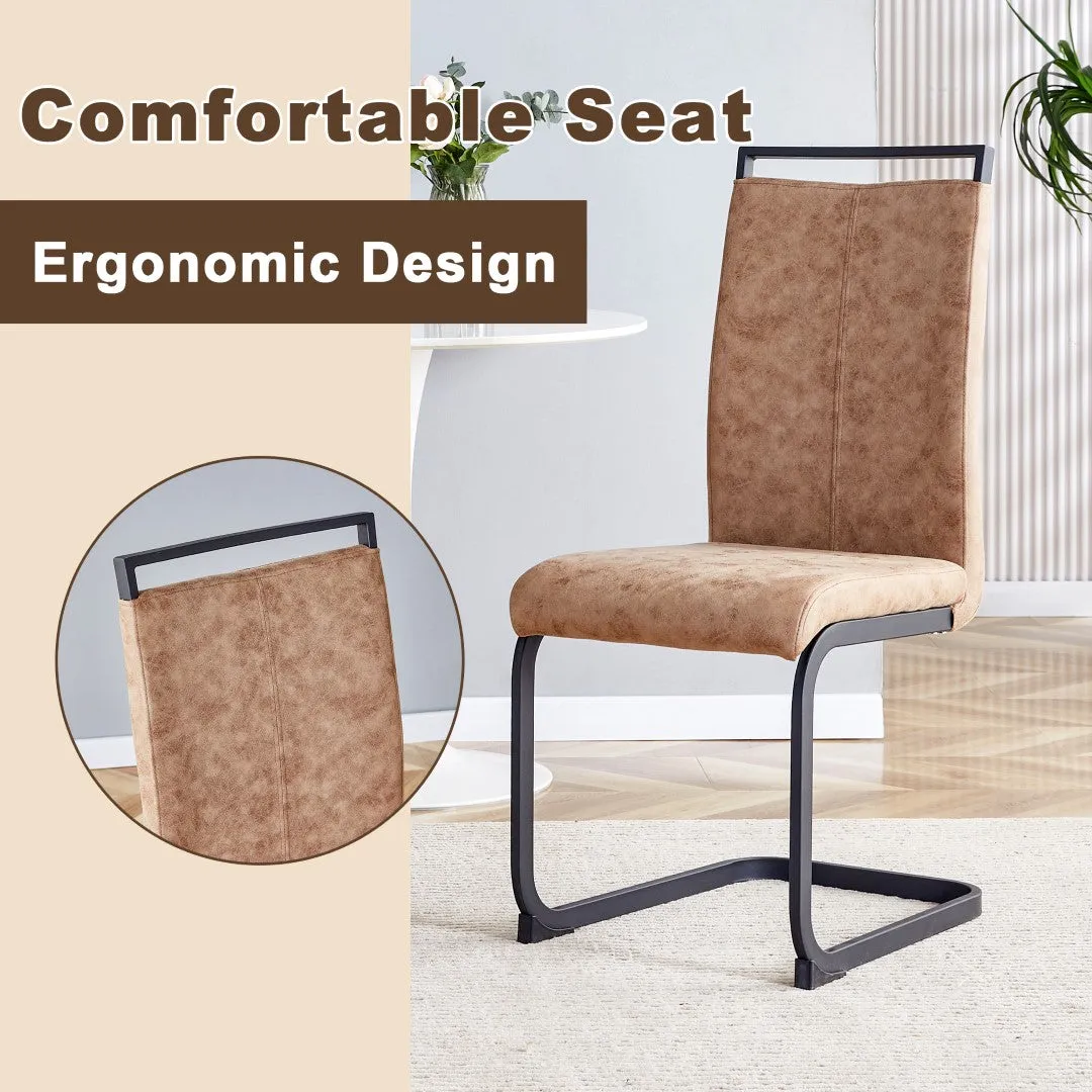 5-Piece Dining Set: 63" Transparent Glass Table with Wood Color MDF Bracket, 4 Brown Fabric Chairs