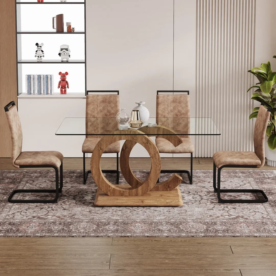 5-Piece Dining Set: 63" Transparent Glass Table with Wood Color MDF Bracket, 4 Brown Fabric Chairs