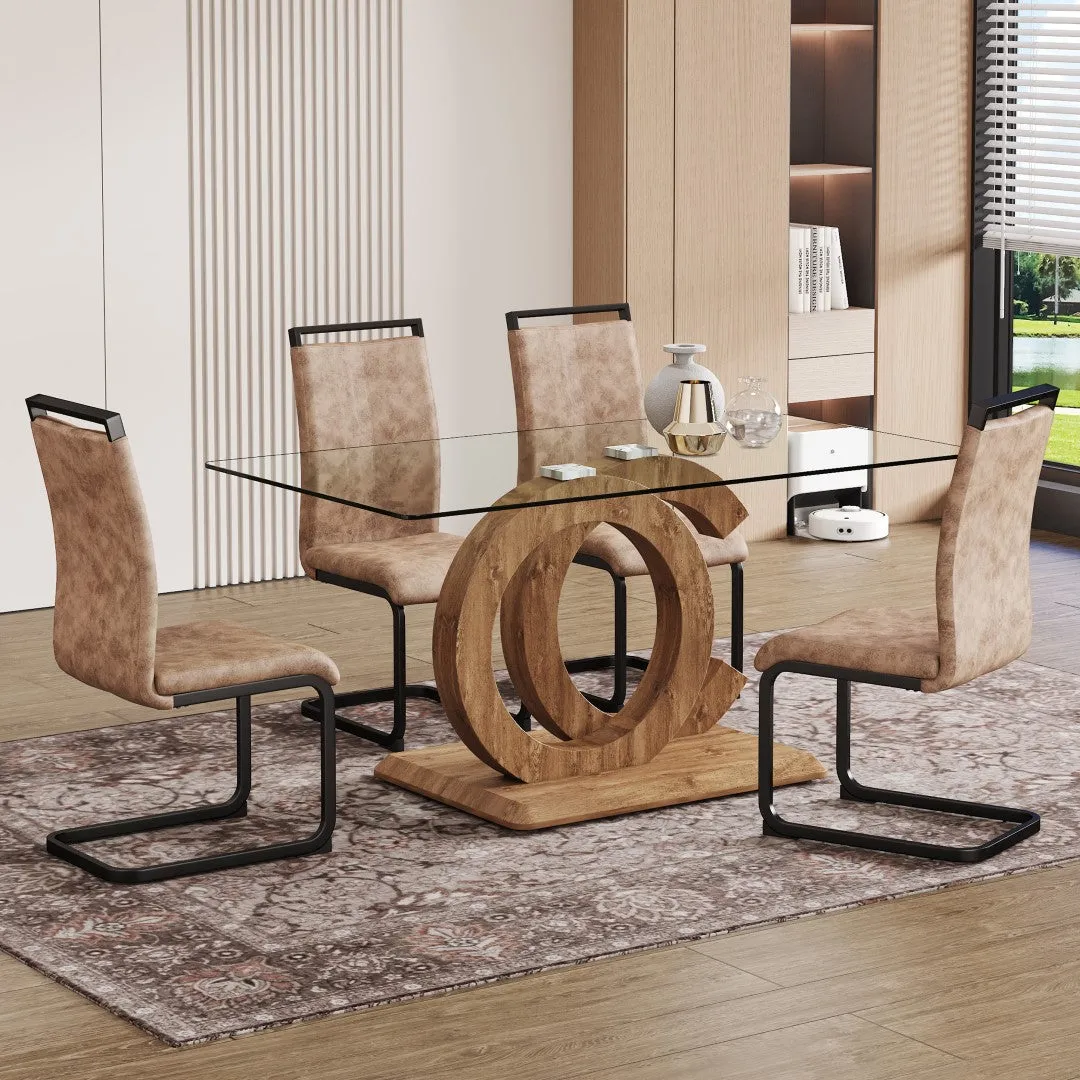 5-Piece Dining Set: 63" Transparent Glass Table with Wood Color MDF Bracket, 4 Brown Fabric Chairs