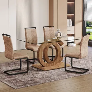 5-Piece Dining Set: 63" Transparent Glass Table with Wood Color MDF Bracket, 4 Brown Fabric Chairs