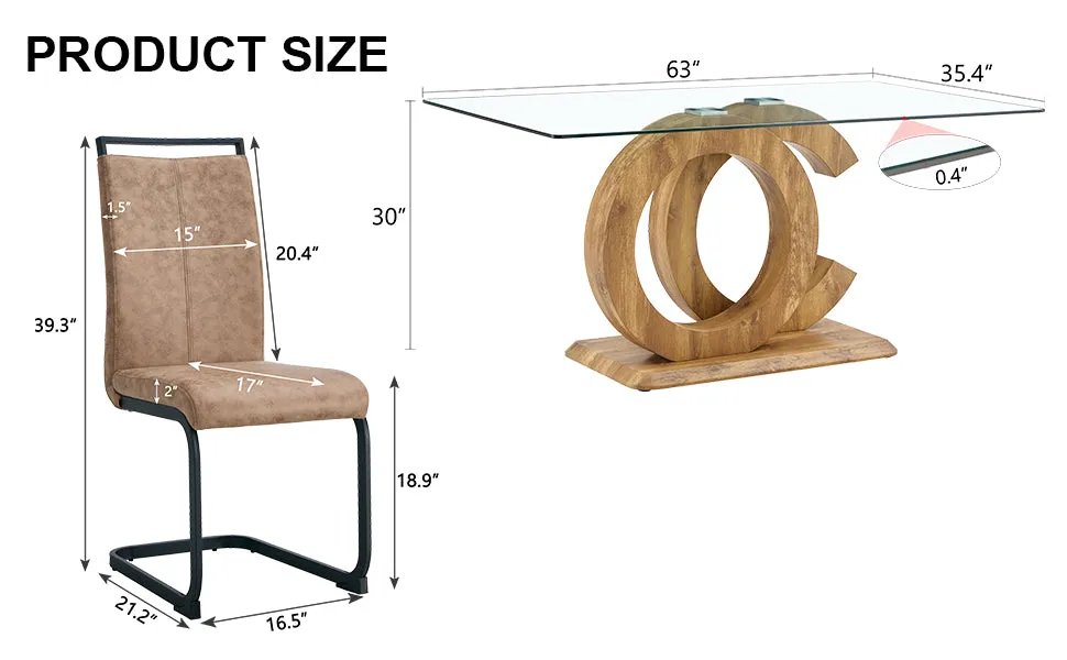 5-Piece Dining Set: 63" Transparent Glass Table with Wood Color MDF Bracket, 4 Brown Fabric Chairs