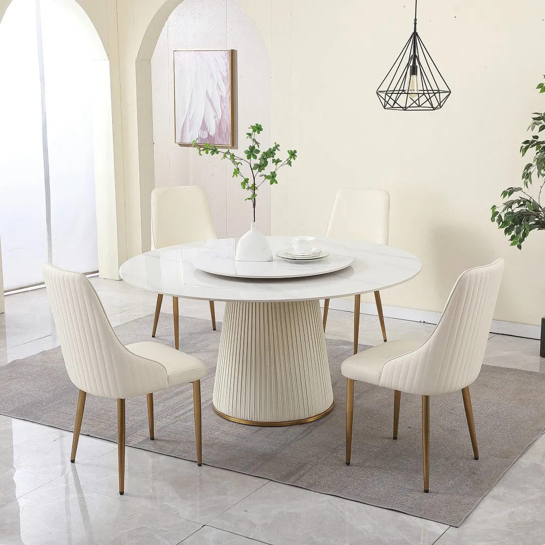 59" Modern Sintered Stone Dining Table with 31.5" Round Turntable, Wood and Metal Pedestal - Seats 8