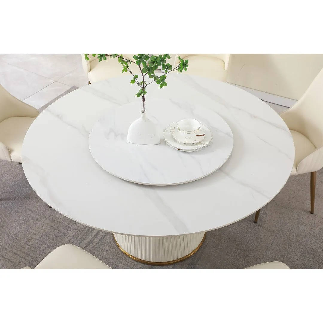 59" Modern Sintered Stone Dining Table with 31.5" Round Turntable, Wood and Metal Pedestal - Seats 8
