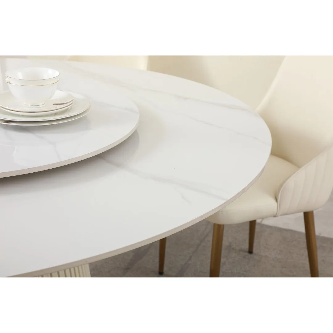59" Modern Sintered Stone Dining Table with 31.5" Round Turntable, Wood and Metal Pedestal - Seats 8
