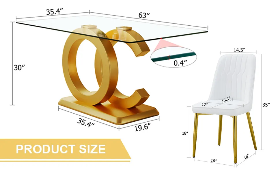 63"W Clear Tempered Glass Table & Chair Set, 4 White PU Chairs w/ Gold Legs. Ideal for Kitchen, Bedroom, Office.