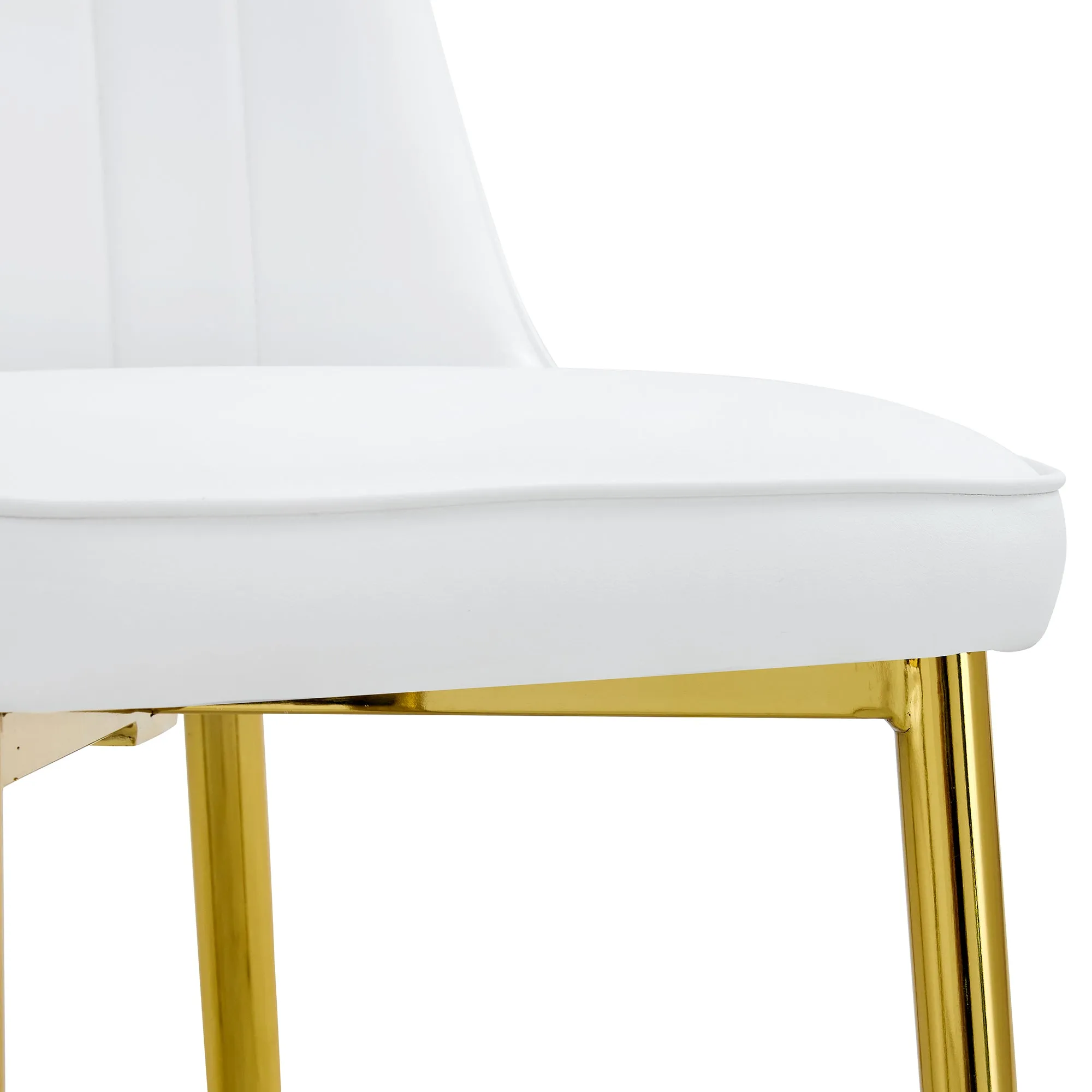63"W Clear Tempered Glass Table & Chair Set, 4 White PU Chairs w/ Gold Legs. Ideal for Kitchen, Bedroom, Office.