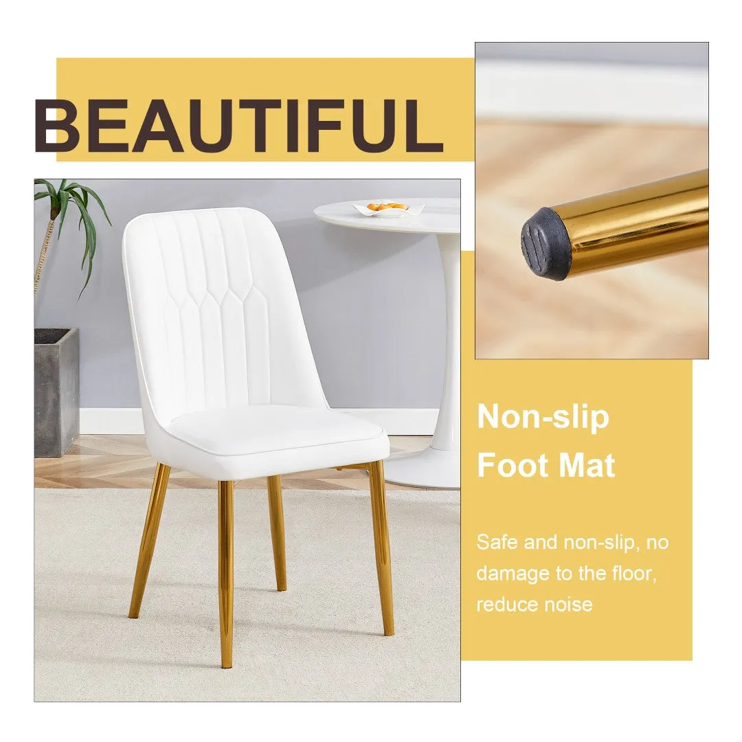 63"W Clear Tempered Glass Table & Chair Set, 4 White PU Chairs w/ Gold Legs. Ideal for Kitchen, Bedroom, Office.