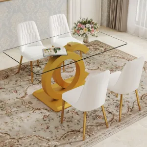 63"W Clear Tempered Glass Table & Chair Set, 4 White PU Chairs w/ Gold Legs. Ideal for Kitchen, Bedroom, Office.
