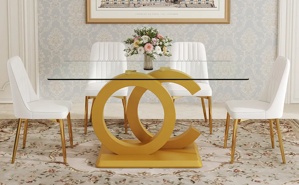 63"W Clear Tempered Glass Table & Chair Set, 4 White PU Chairs w/ Gold Legs. Ideal for Kitchen, Bedroom, Office.