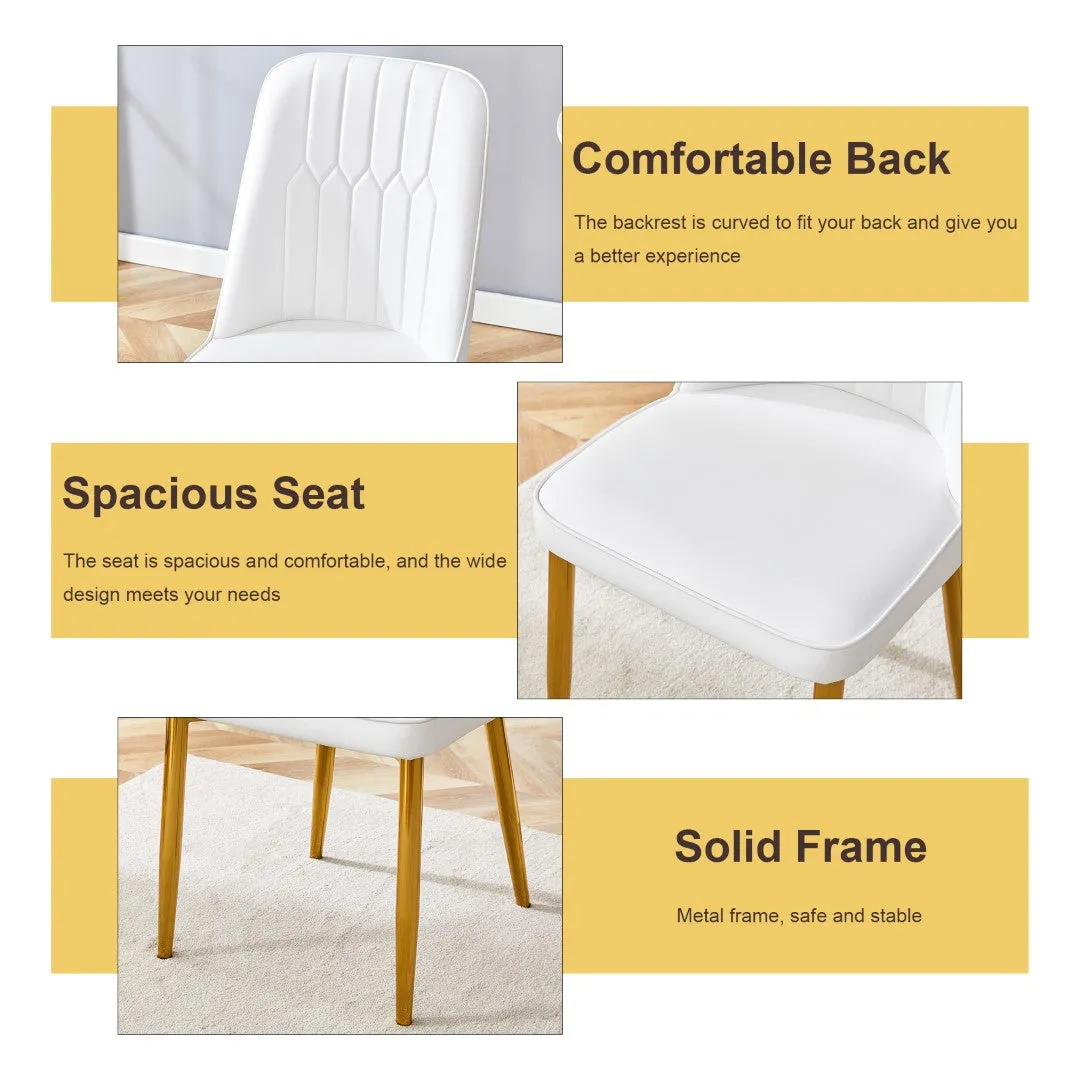 63"W Clear Tempered Glass Table & Chair Set, 4 White PU Chairs w/ Gold Legs. Ideal for Kitchen, Bedroom, Office.