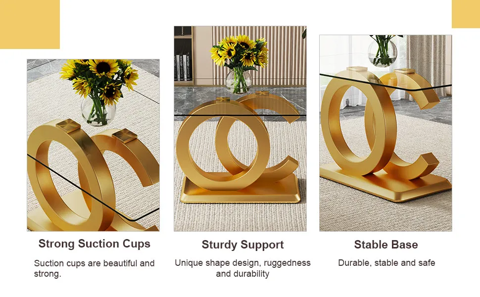 63"W Clear Tempered Glass Table & Chair Set, 4 White PU Chairs w/ Gold Legs. Ideal for Kitchen, Bedroom, Office.