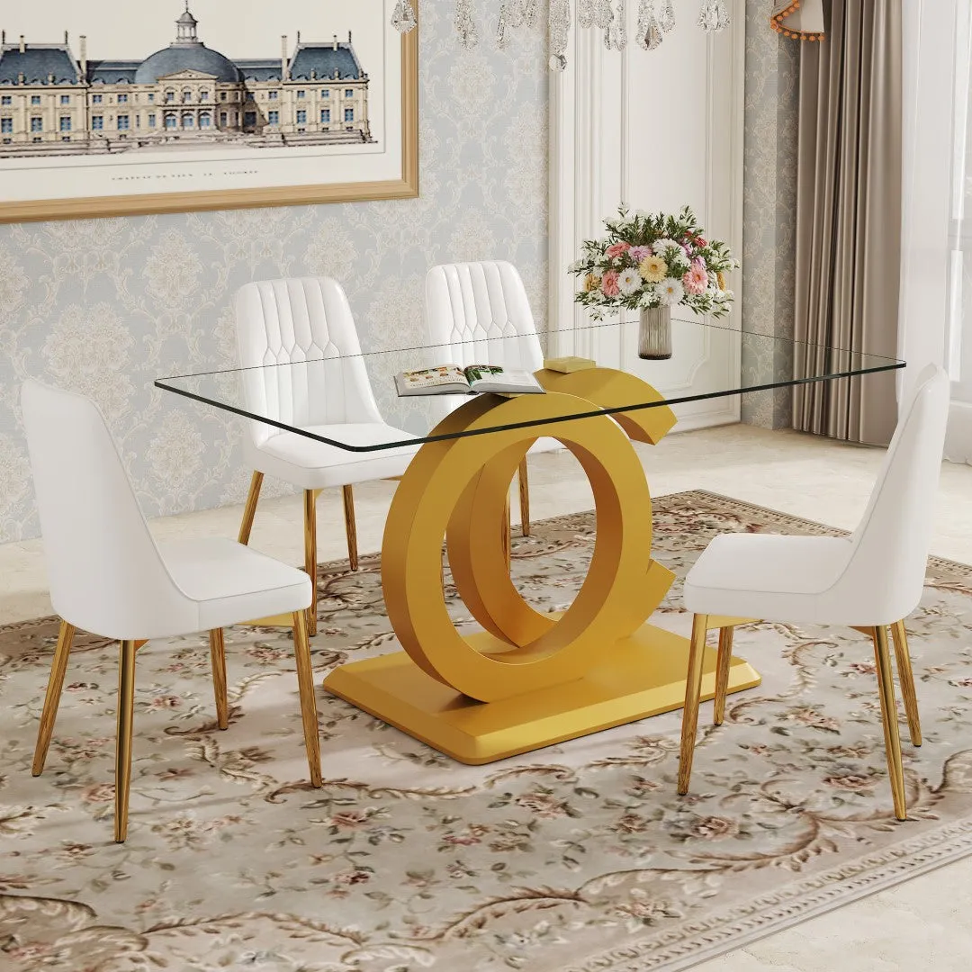 63"W Clear Tempered Glass Table & Chair Set, 4 White PU Chairs w/ Gold Legs. Ideal for Kitchen, Bedroom, Office.