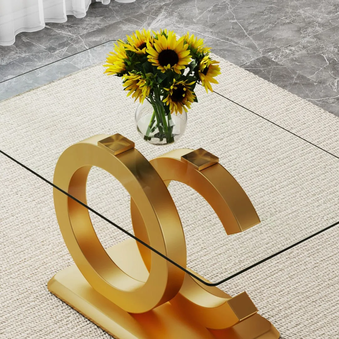 63"W Clear Tempered Glass Table & Chair Set, 4 White PU Chairs w/ Gold Legs. Ideal for Kitchen, Bedroom, Office.