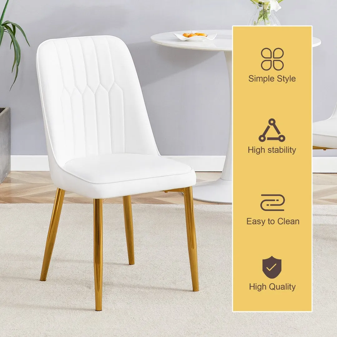 63"W Clear Tempered Glass Table & Chair Set, 4 White PU Chairs w/ Gold Legs. Ideal for Kitchen, Bedroom, Office.