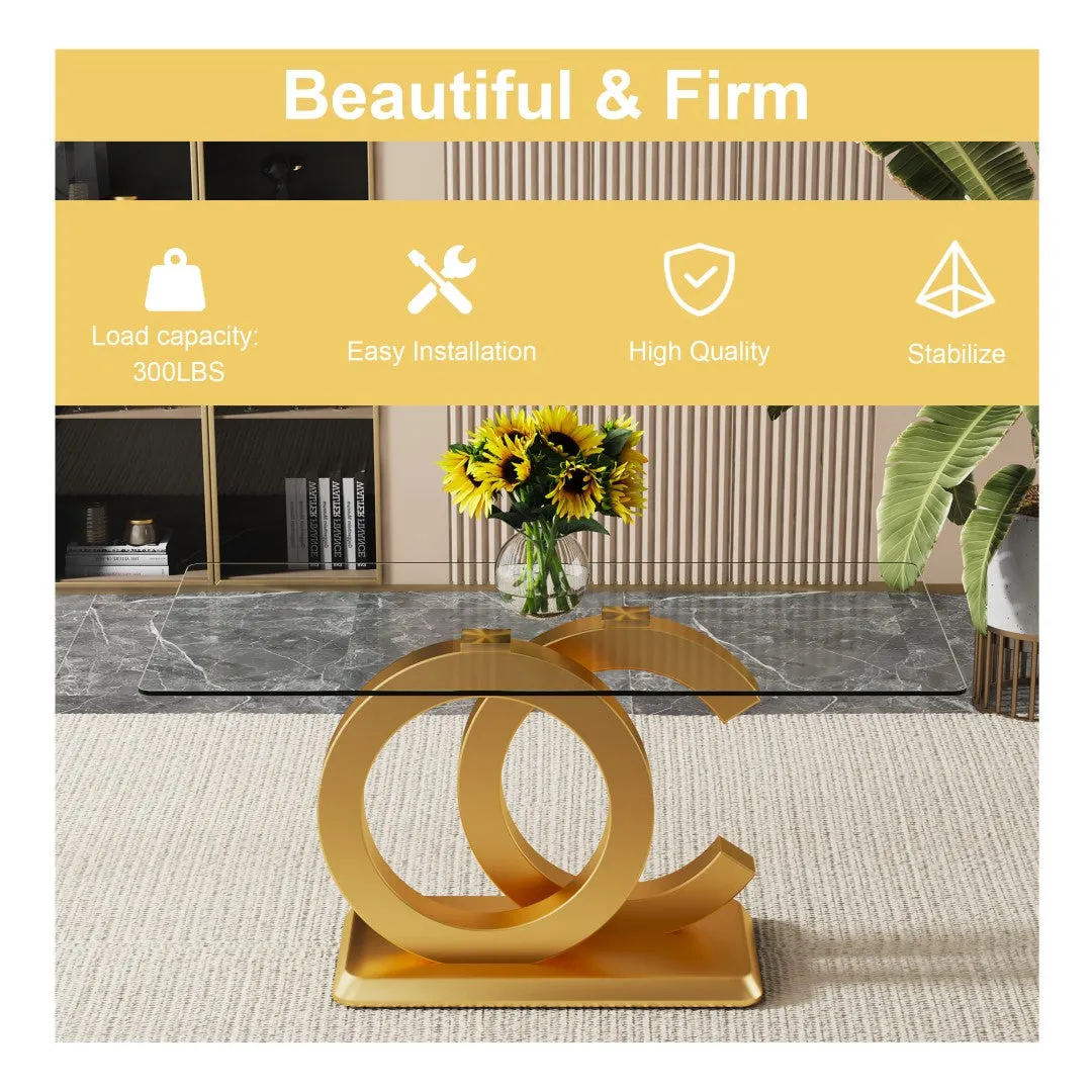 63"W Clear Tempered Glass Table & Chair Set, 4 White PU Chairs w/ Gold Legs. Ideal for Kitchen, Bedroom, Office.