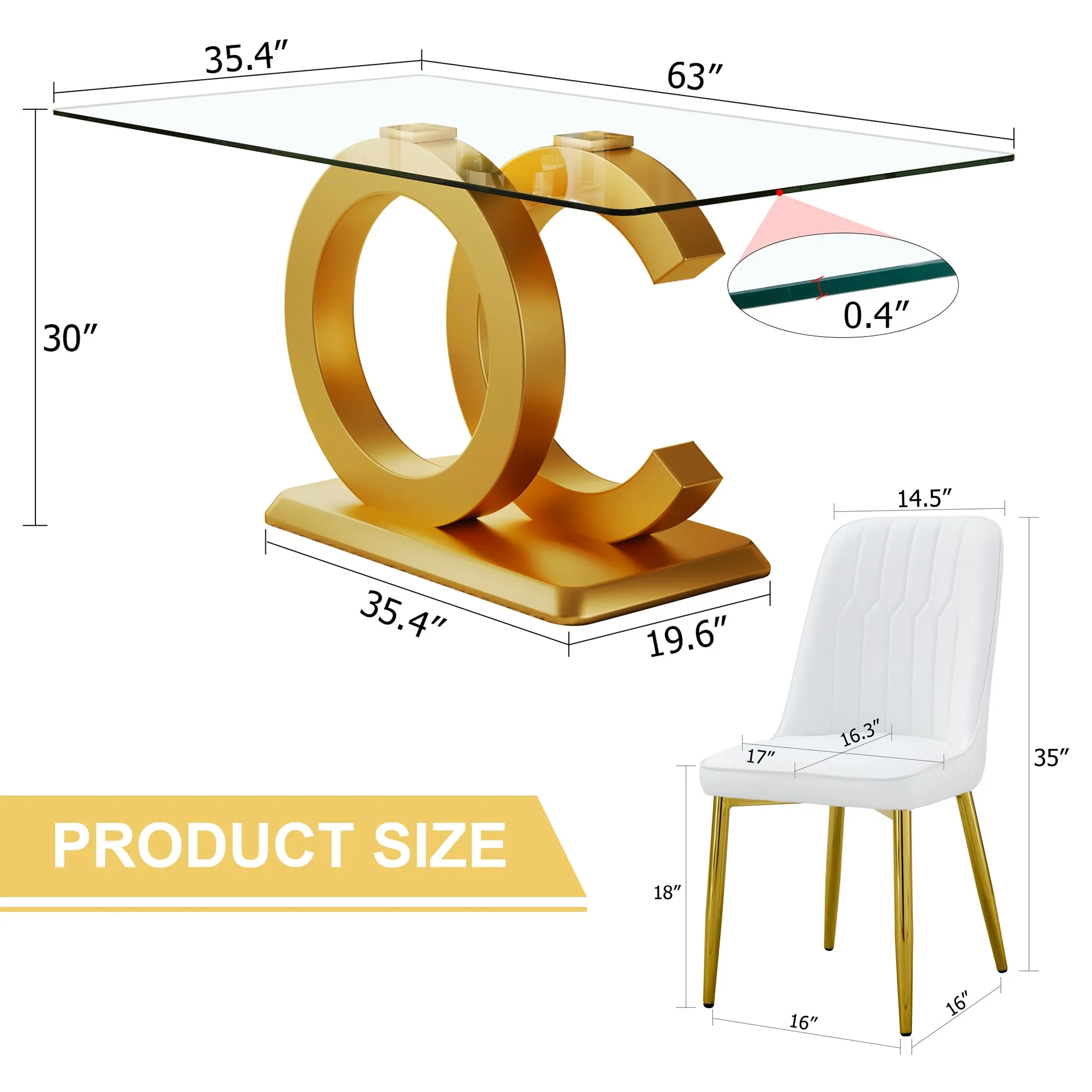 63"W Clear Tempered Glass Table & Chair Set, 4 White PU Chairs w/ Gold Legs. Ideal for Kitchen, Bedroom, Office.