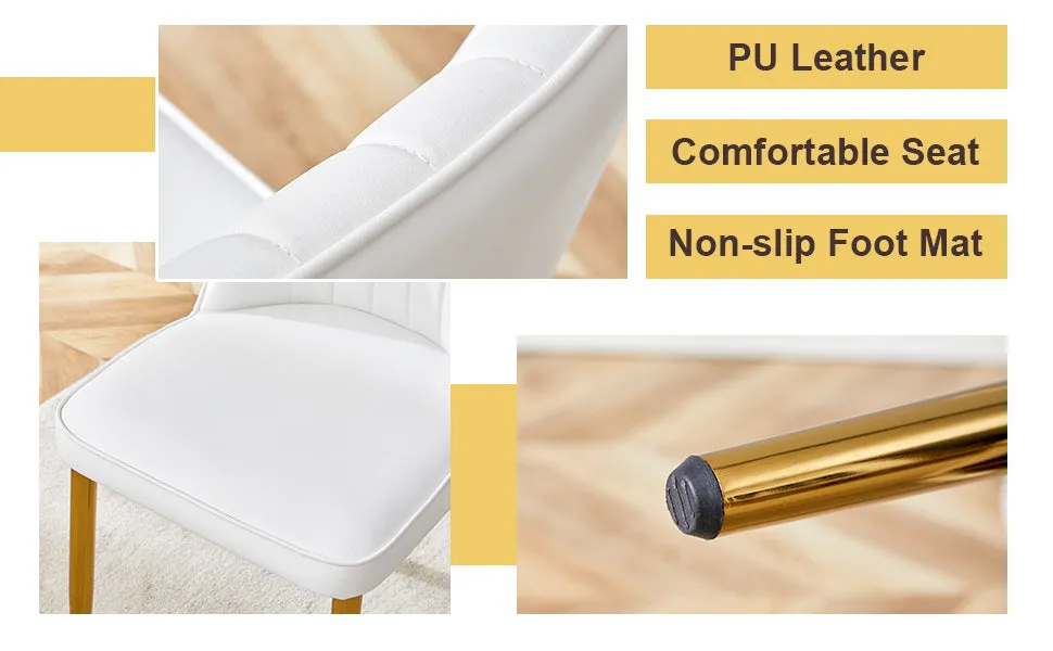 63"W Clear Tempered Glass Table & Chair Set, 4 White PU Chairs w/ Gold Legs. Ideal for Kitchen, Bedroom, Office.