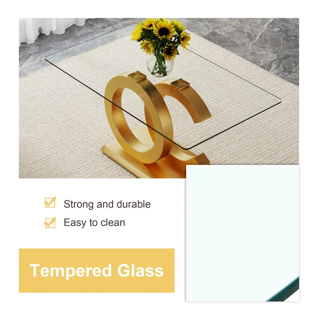 63"W Clear Tempered Glass Table & Chair Set, 4 White PU Chairs w/ Gold Legs. Ideal for Kitchen, Bedroom, Office.
