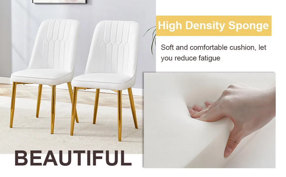 63"W Clear Tempered Glass Table & Chair Set, 4 White PU Chairs w/ Gold Legs. Ideal for Kitchen, Bedroom, Office.