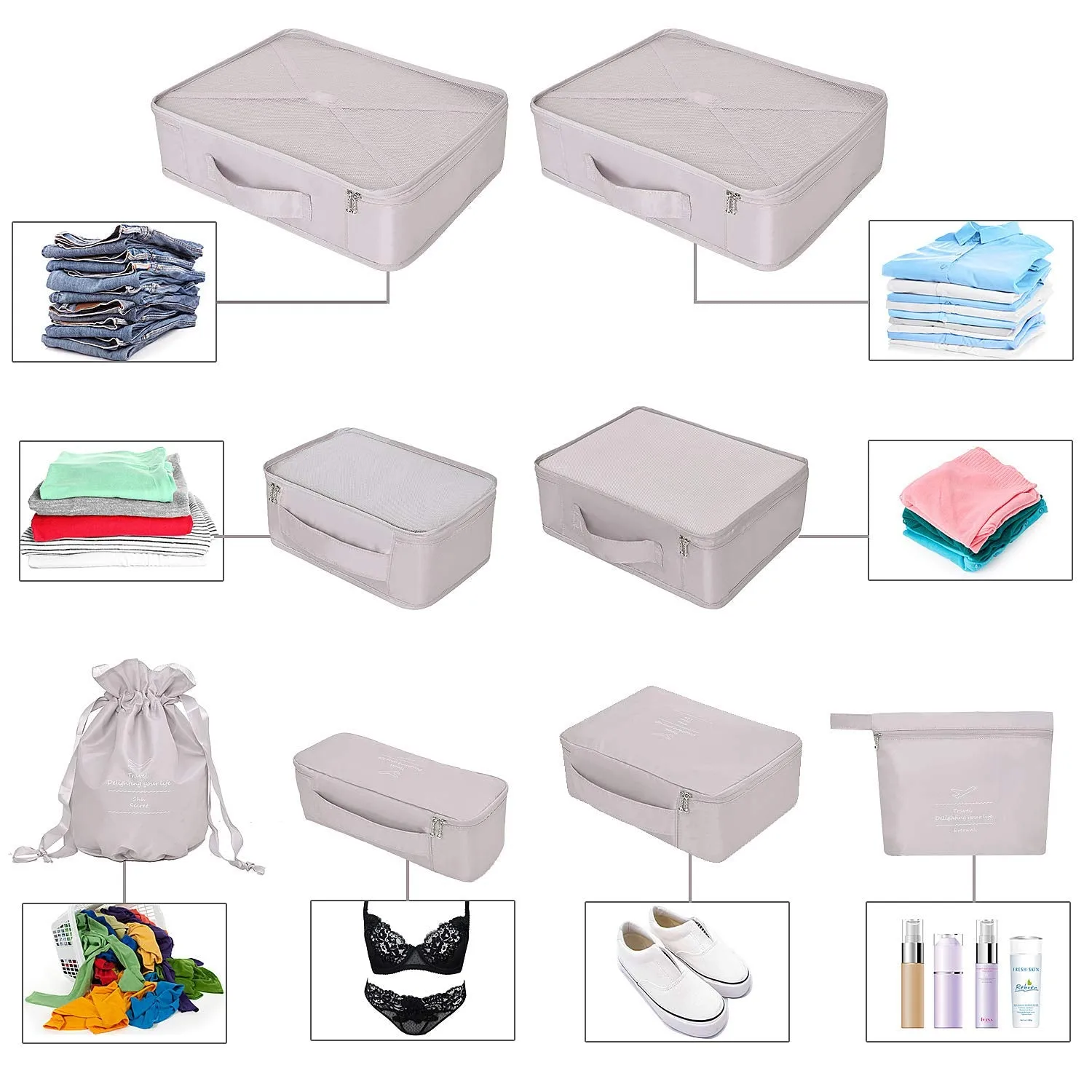 BETLLEMORY Packing Cubes 8 Sets Travel Luggage Organizers with Waterproof Shoe Storage Bag Compression Pouches(Grey) Grey