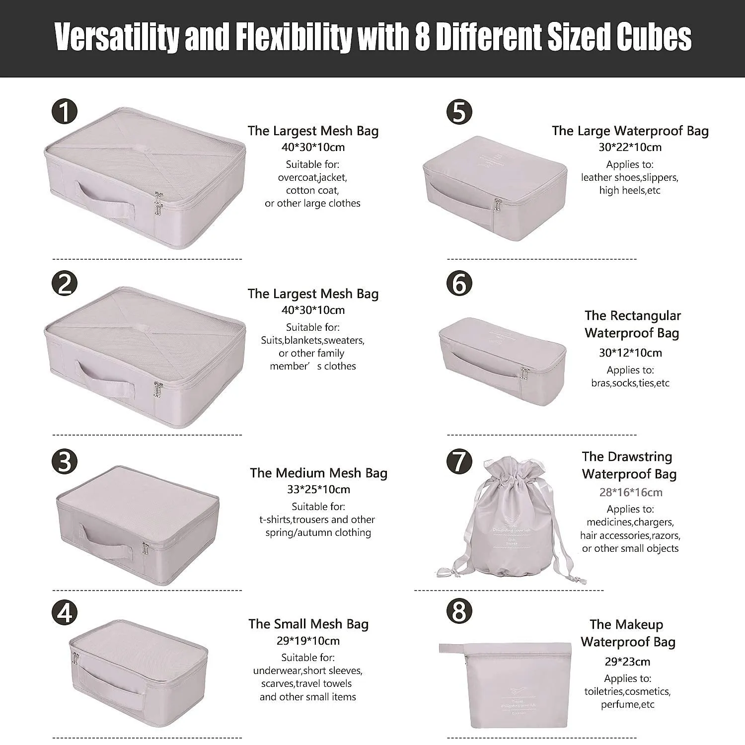 BETLLEMORY Packing Cubes 8 Sets Travel Luggage Organizers with Waterproof Shoe Storage Bag Compression Pouches(Grey) Grey