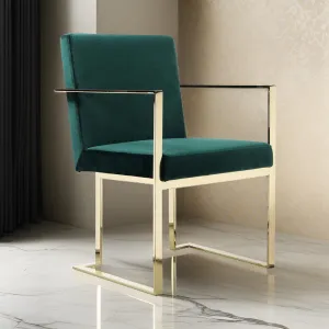 Boly 24 Inch Dining Armchair, Cushioned Green Velvet Seat, Gold Cantilever  By Casagear Home