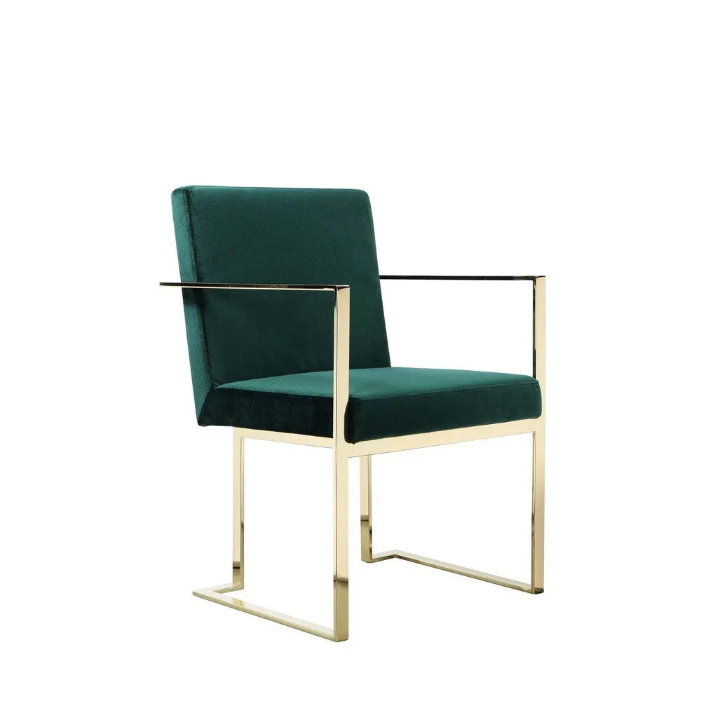Boly 24 Inch Dining Armchair, Cushioned Green Velvet Seat, Gold Cantilever  By Casagear Home