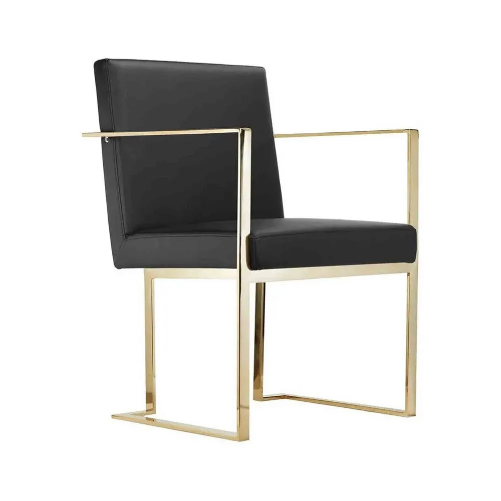 Boly 24 Inch Dining Armchair, Plush Black Faux Leather, Gold Cantilever  By Casagear Home