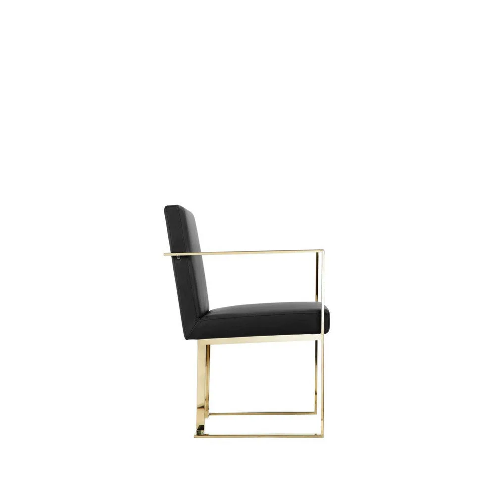 Boly 24 Inch Dining Armchair, Plush Black Faux Leather, Gold Cantilever  By Casagear Home