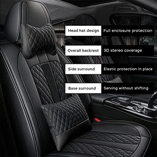 Front & Rear Seat Covers with Headrest Backrest Cushions for Chevy Chevrolet Bolt EV EUV Car Seat Cover Luxury PU Leather Comfortable Stylish Black